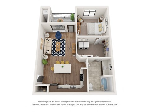 Floor plan for 1 bed, 1 bath, 805 sqft